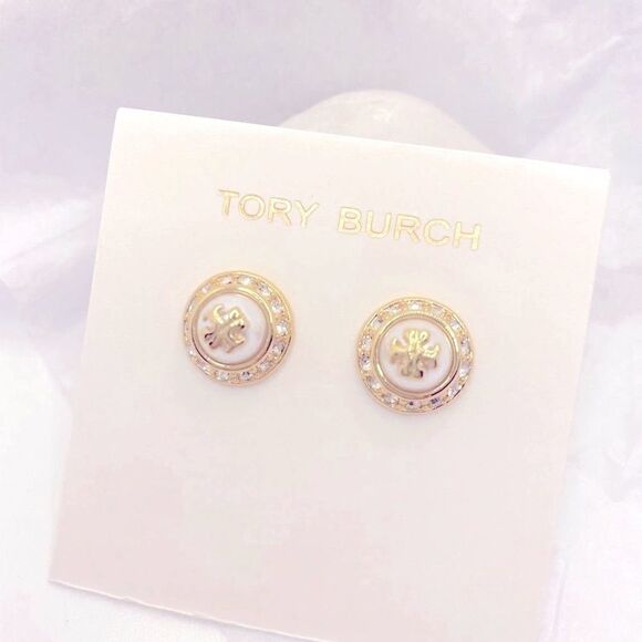 NWOT Tory Burch Gold Logo, Pearl Round Zircon Accent Stud Earrings - Picture 3 of 8